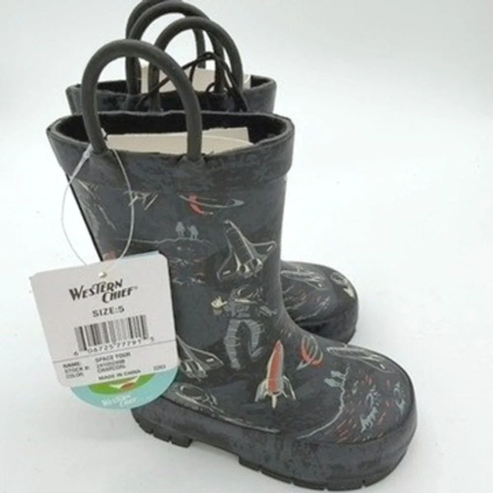 Western Chief Space Tour Rain Boots Kids 5 Rubber Astronaut Galaxy Space NWT